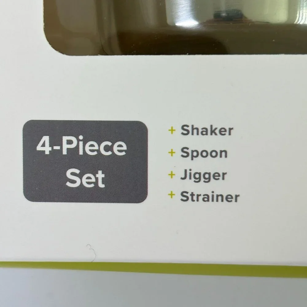 True Barware Cocktail Set Stainless Steel 4 Piece Set Shaker Jigger Strainer NIB